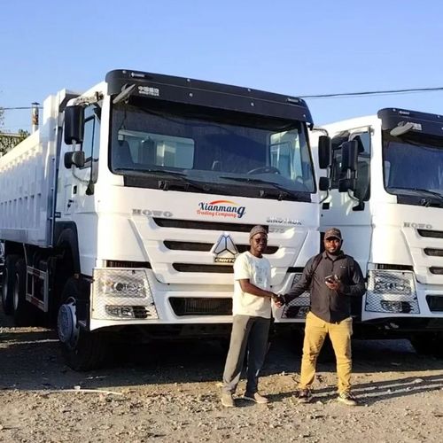 Twee vrienden uit Congo bezoeken onze parkeergarage en kiezen ervoor om 2 HOWO 371 witte dump trucks te kopen.